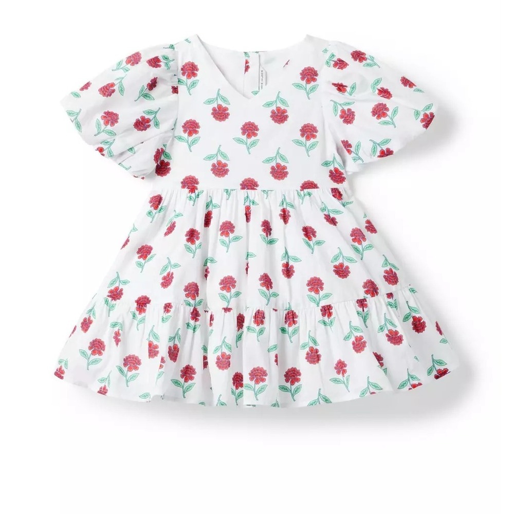 Janie and Jack Floral Bubble Sleeve Dress Girls 2T 100% Cotton V-Neck Ruffle Hem